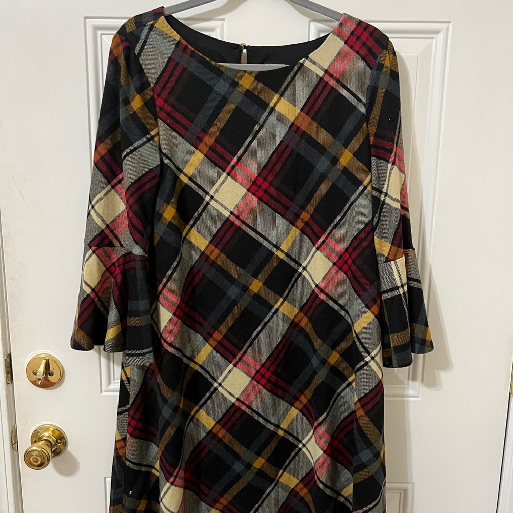 Plaid A-Line Dress - Black, Red, Yellow